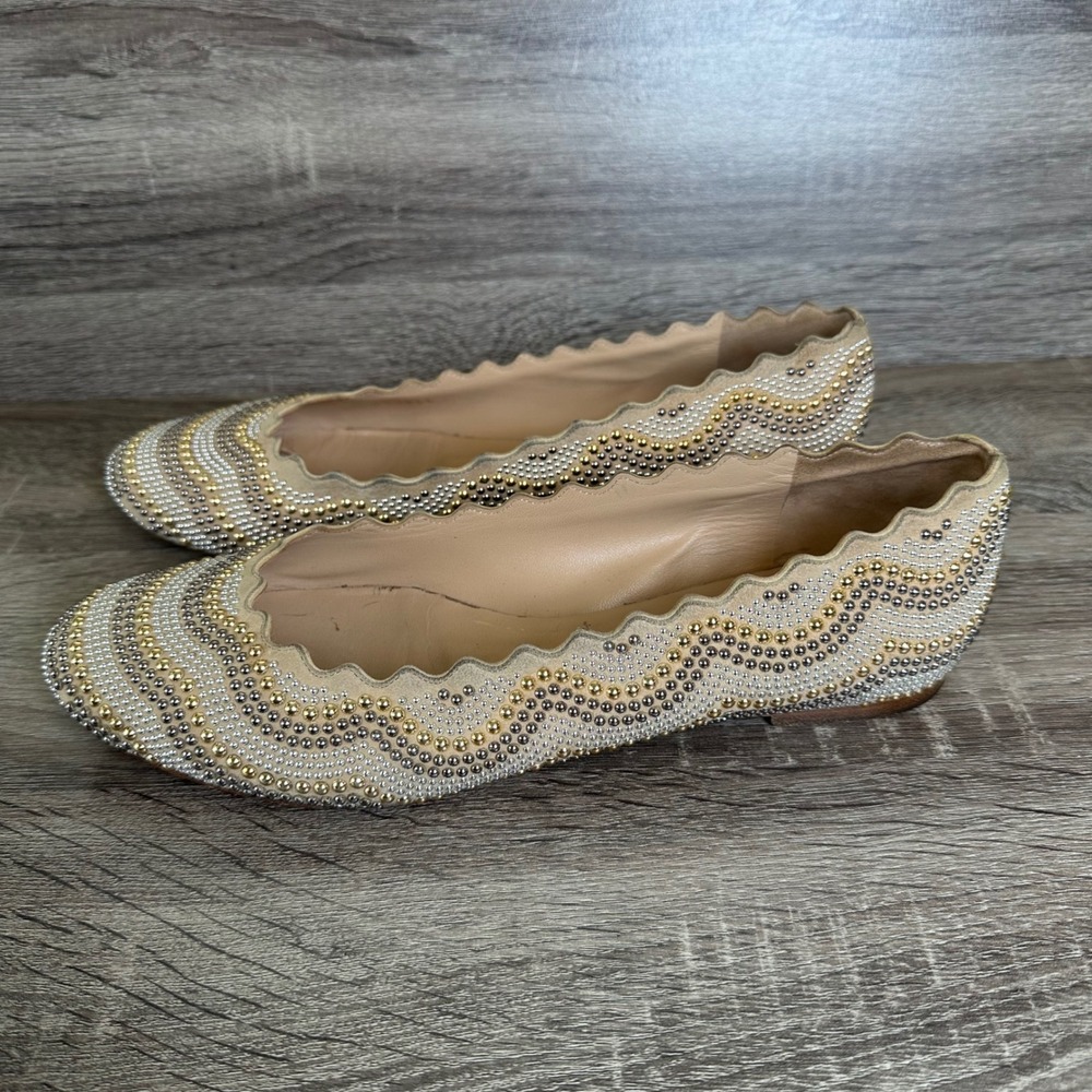 Chloe Lauren Ballet Flats 8.5 / 39 Scalloped Studded Tan Suede Gold Silver - Picture 3 of 12